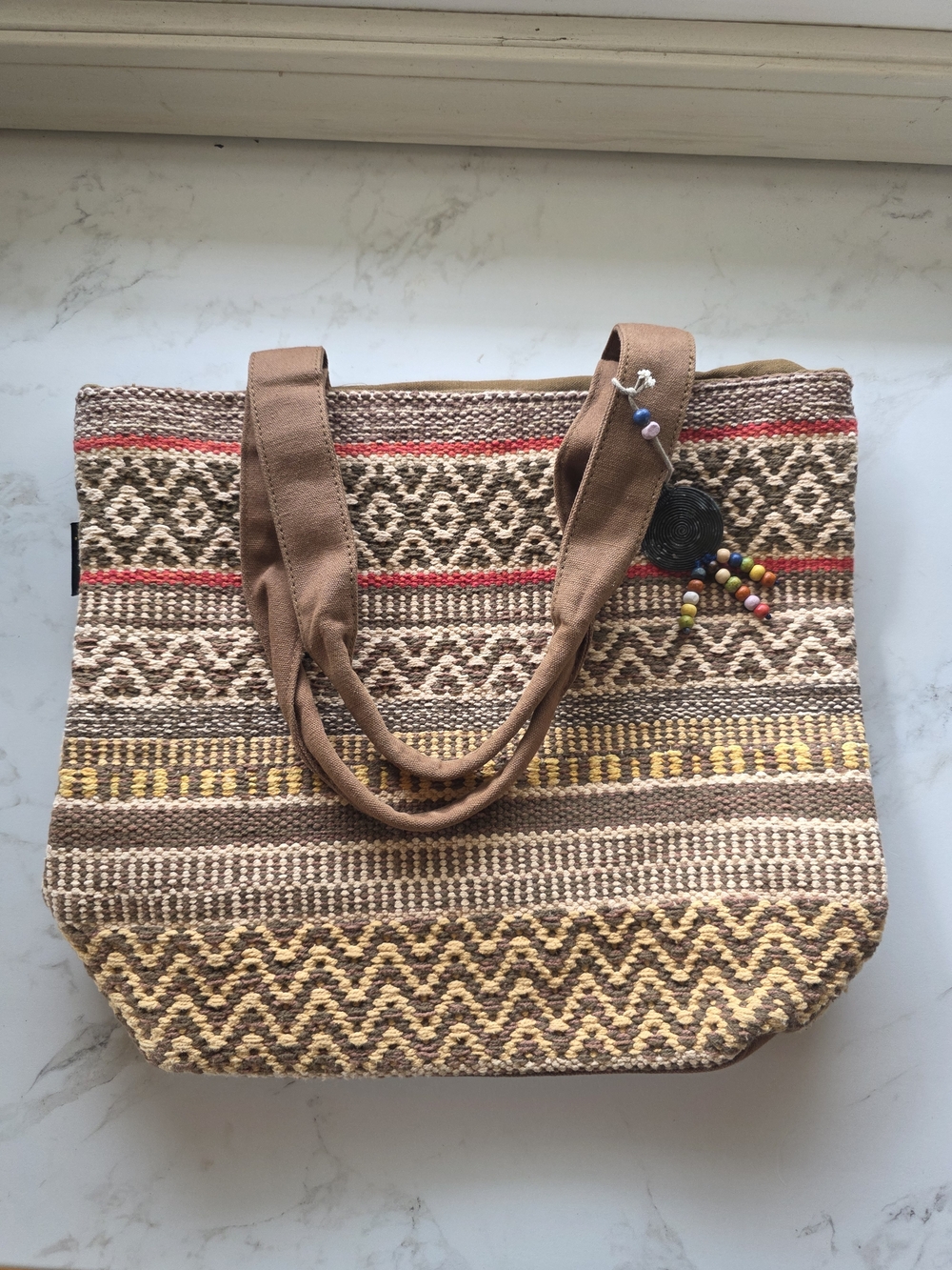 Catori Boho Woven Tote Bag Southwestern Tribal Market Bag Beaded Charm